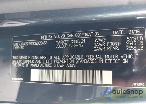 2019 Volvo S60 T6 R-Design from USA, damaged, VIN 7JRA22TM1KG005468